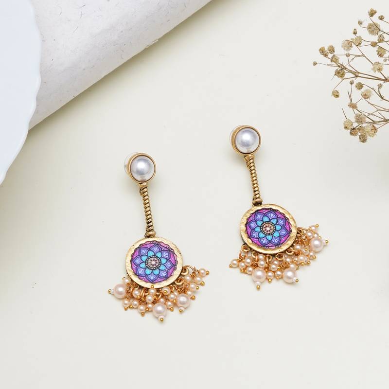 Abhika creations gold-toned mandala earrings with pearl stud & clustered pearl fringe