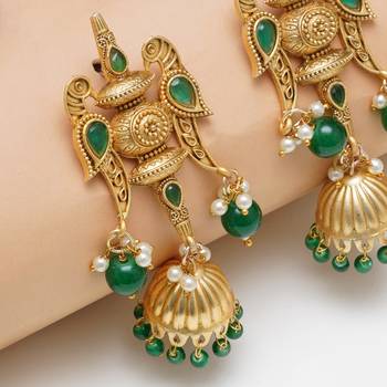 Abhika creations handcrafted green bead jhumka earrings with carved top & fish motifs 2