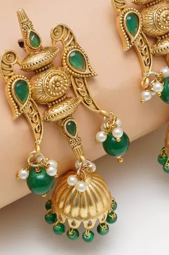 Abhika creations handcrafted green bead jhumka earrings with carved top & fish motifs