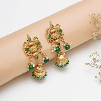 Abhika creations handcrafted green bead jhumka earrings with carved top & fish motifs 3