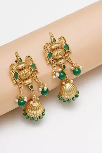 Abhika creations handcrafted green bead jhumka earrings with carved top & fish motifs