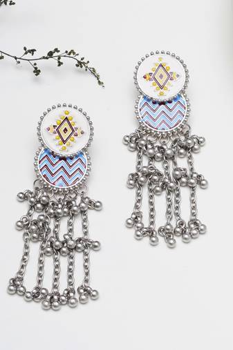 Abhika creations bohemian enamel oval dangler earrings with silver bead chains