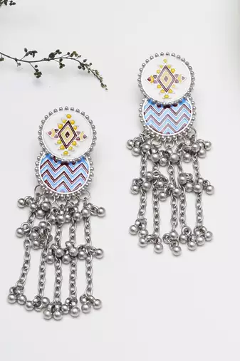 Abhika creations bohemian enamel oval dangler earrings with silver bead chains