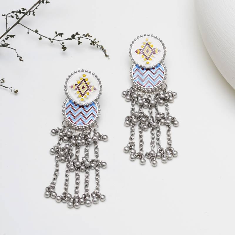 Abhika creations bohemian enamel oval dangler earrings with silver bead chains