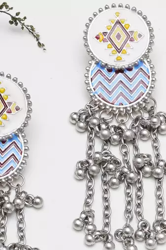 Abhika creations bohemian enamel oval dangler earrings with silver bead chains
