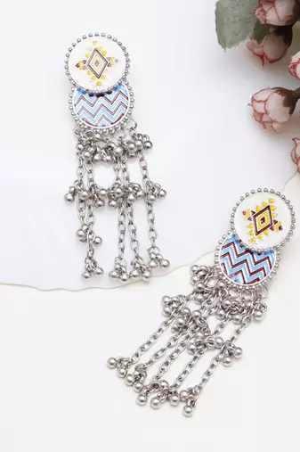 Abhika creations bohemian enamel oval dangler earrings with silver bead chains