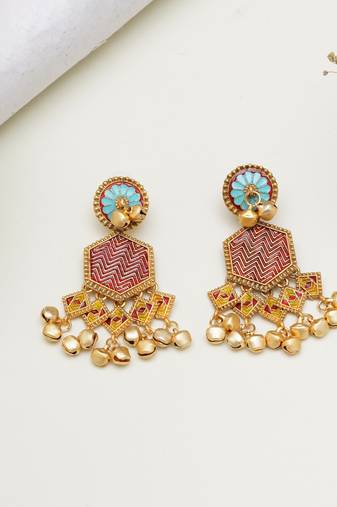 Abhika creations gold-toned boho hexagon earrings with red enamel & ghungroo