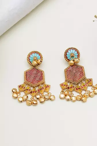 Abhika creations gold-toned boho hexagon earrings with red enamel & ghungroo