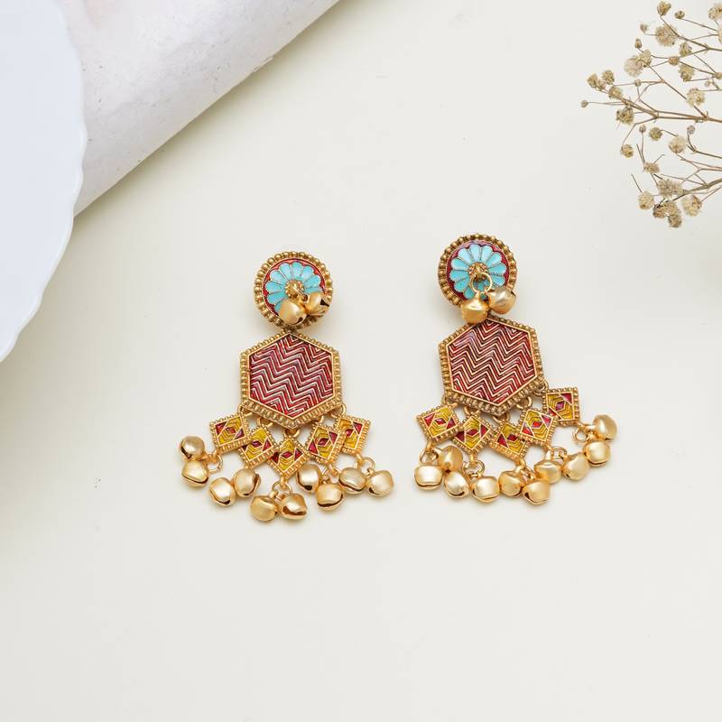 Abhika creations gold-toned boho hexagon earrings with red enamel & ghungroo