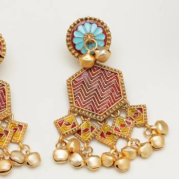 Abhika creations gold-toned boho hexagon earrings with red enamel & ghungroo 2