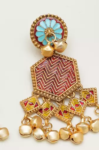 Abhika creations gold-toned boho hexagon earrings with red enamel & ghungroo