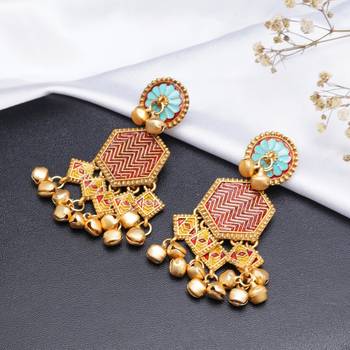 Abhika creations gold-toned boho hexagon earrings with red enamel & ghungroo 3