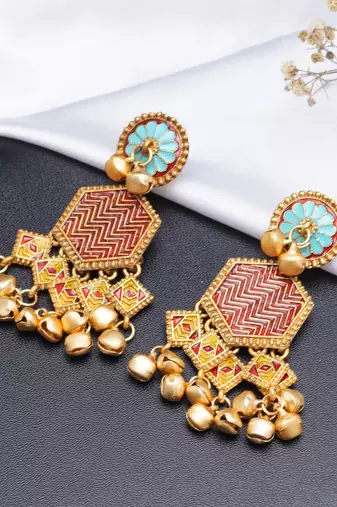 Abhika creations gold-toned boho hexagon earrings with red enamel & ghungroo