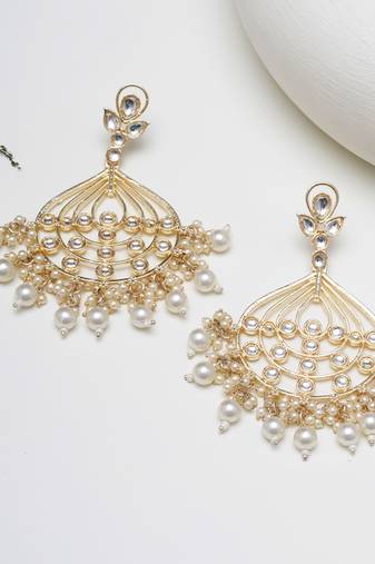 Abhika creations gold-toned pearl chandbali earrings with kundan detailing
