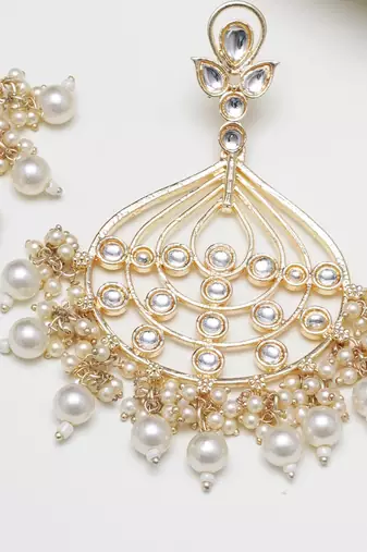 Abhika creations gold-toned pearl chandbali earrings with kundan detailing