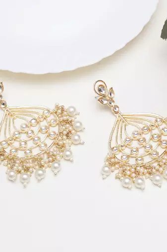 Abhika creations gold-toned pearl chandbali earrings with kundan detailing