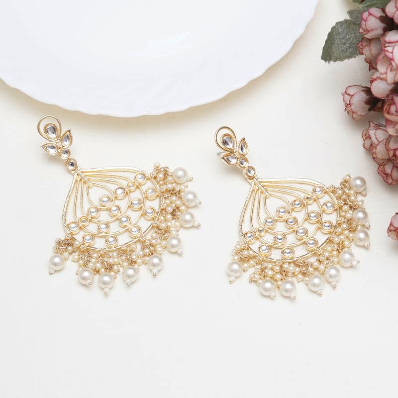 Abhika creations gold-toned pearl chandbali earrings with kundan detailing