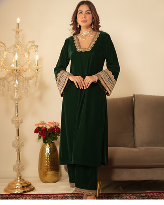 Bottle Green Pakistani Gotta Work Kurta set 1