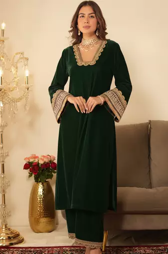 Bottle Green Pakistani Gotta Work Kurta set