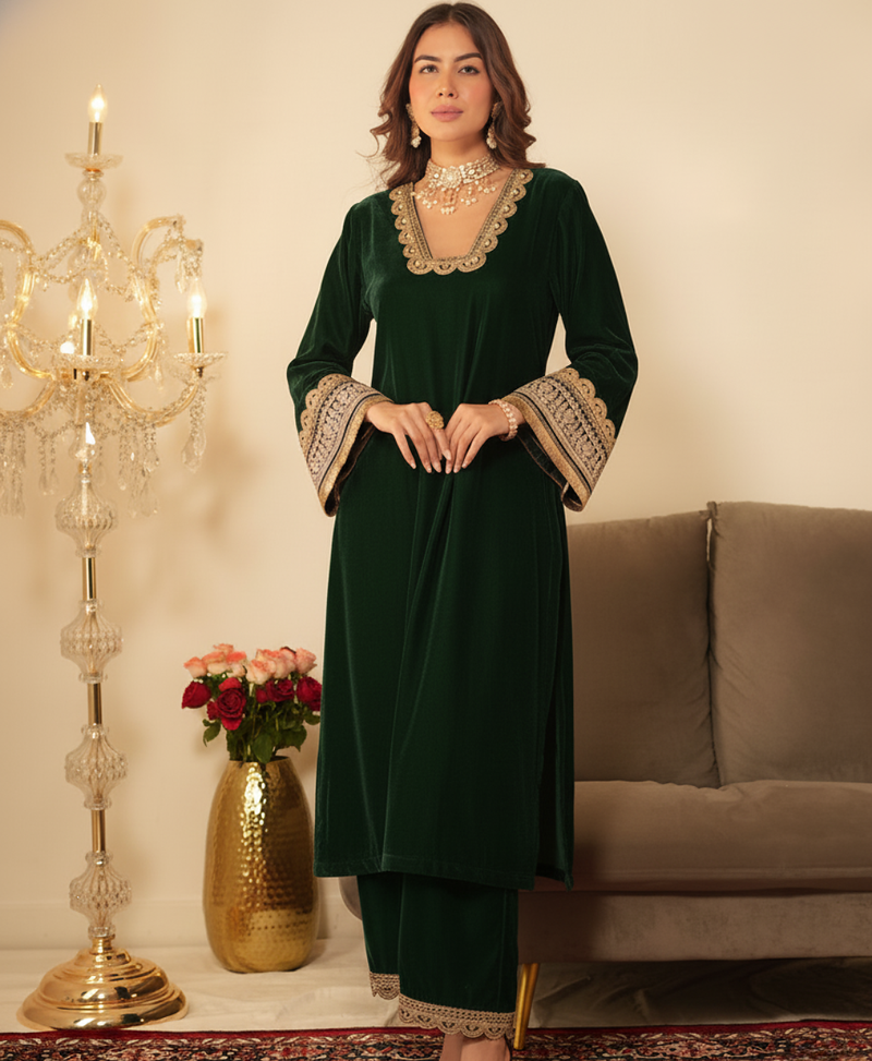 Bottle Green Pakistani Style Suit with Ethnic Gotta Lace Work