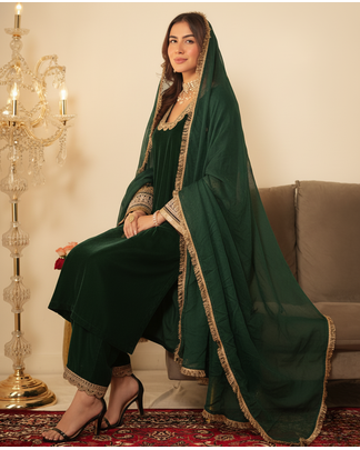 Bottle Green Pakistani Gotta Work Kurta set 2