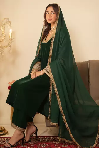 Bottle Green Pakistani Gotta Work Kurta set