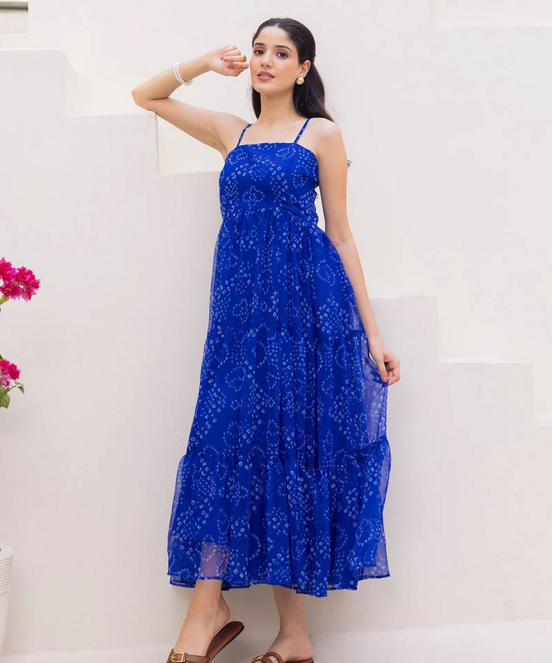 Blue color georgette fabric beautiful girlie gown for stylish college looks