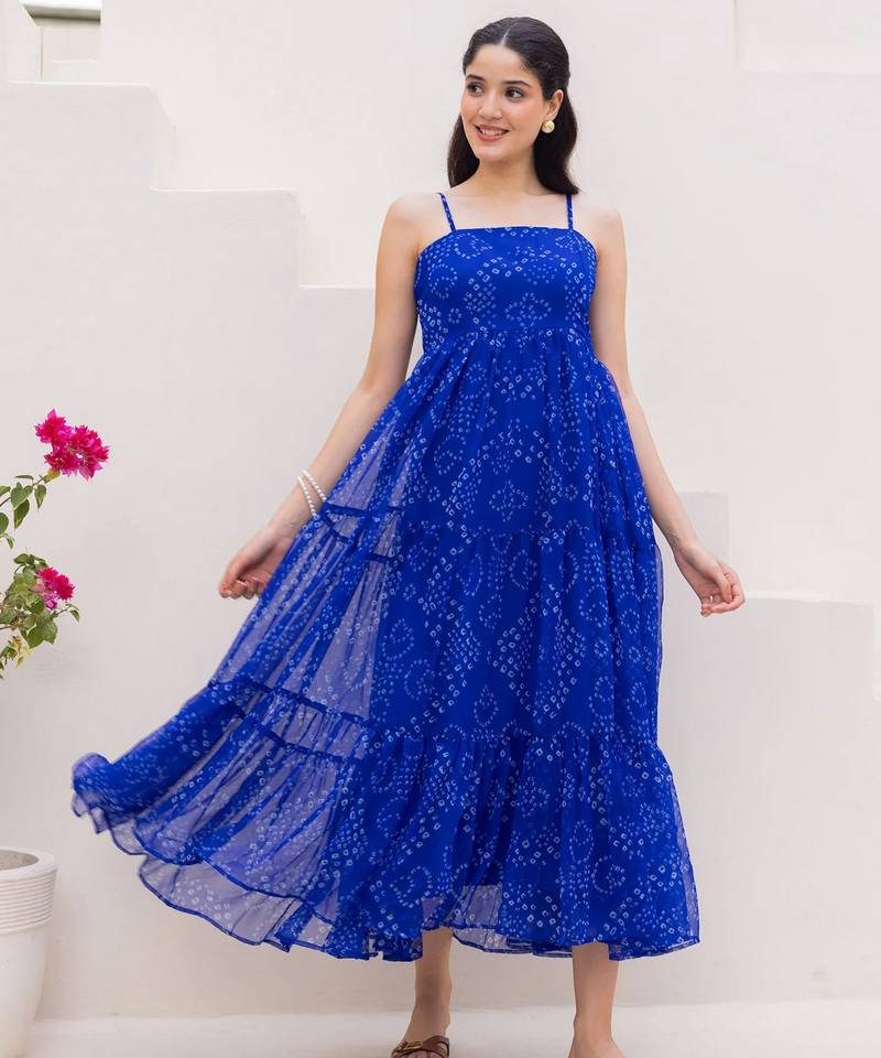 Blue color georgette fabric beautiful girlie gown for stylish college looks