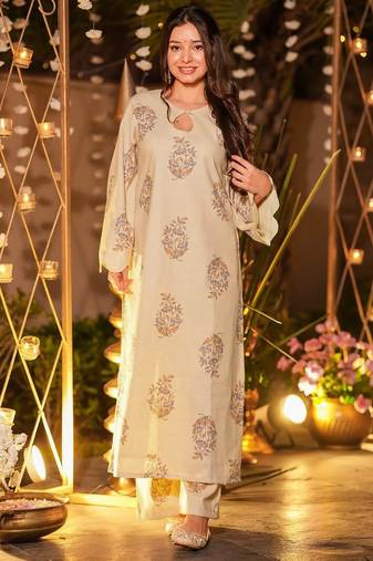 Cream color beautiful printed muslin fabric readymade palazzo dress