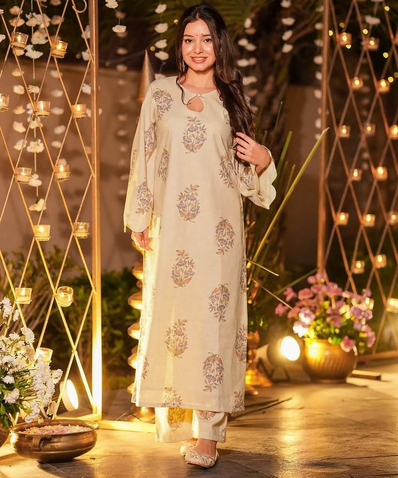 Cream color beautiful printed muslin fabric readymade palazzo dress