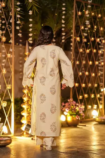 Cream color beautiful printed muslin readymade palazzo dress