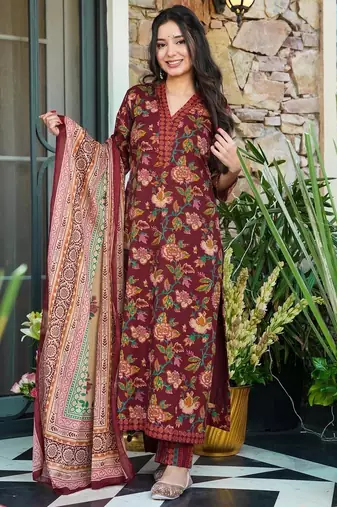 Wine color beautiful printed muslin fabric readymade palazzo dress