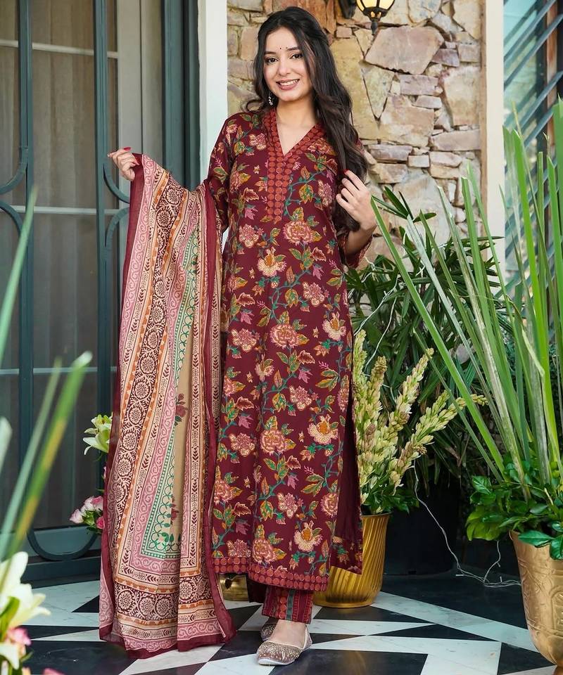 Wine color beautiful printed muslin fabric readymade palazzo dress