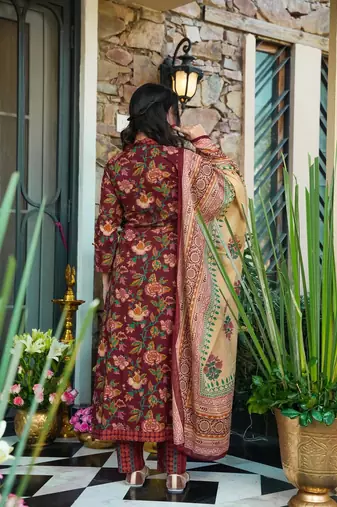 Wine color beautiful printed muslin readymade palazzo dress