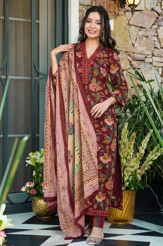 Wine color beautiful printed muslin readymade palazzo dress