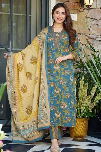 Blue color beautiful printed muslin fabric readymade palazzo dress