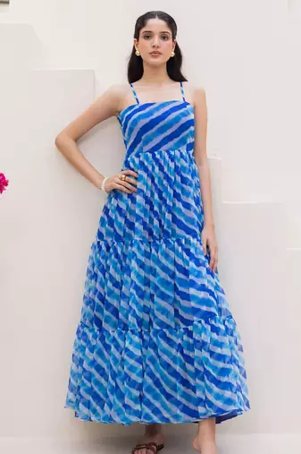 Blue color georgette fabric beautiful girlie gown for stylish college looks