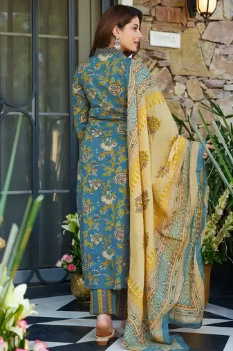 Blue color beautiful printed muslin readymade palazzo dress