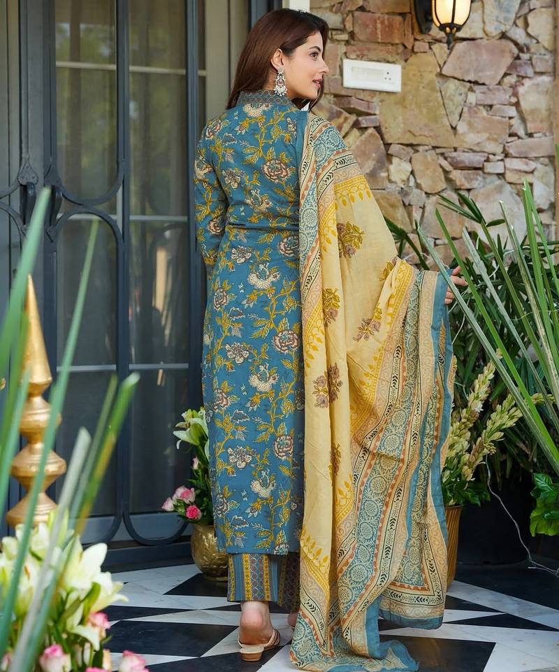 Blue color beautiful printed muslin fabric readymade palazzo dress