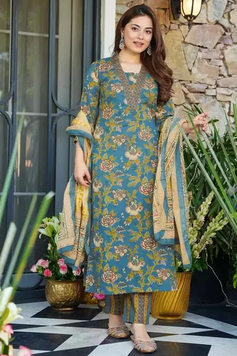 Blue color beautiful printed muslin readymade palazzo dress
