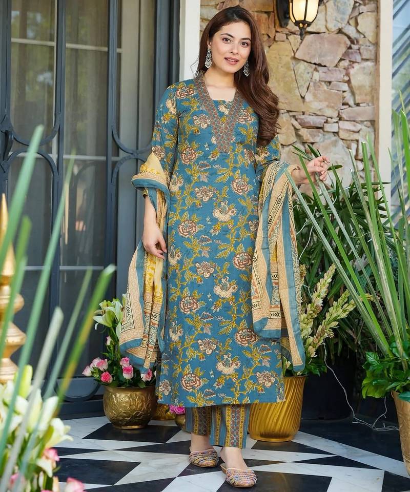 Blue color beautiful printed muslin fabric readymade palazzo dress