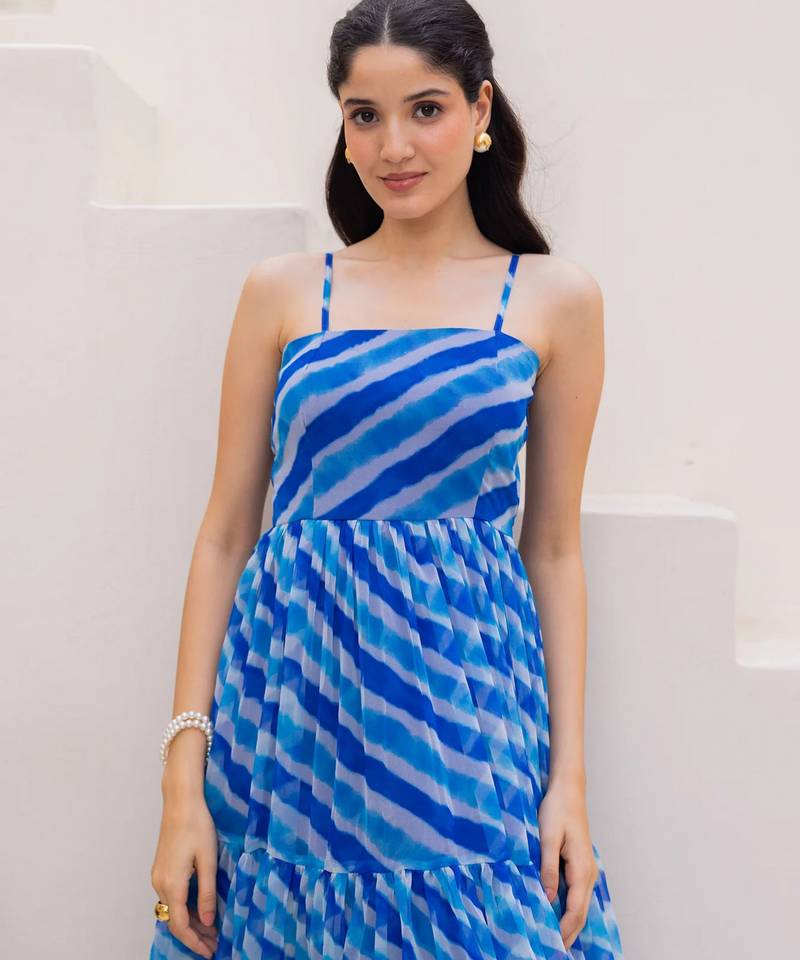 Blue color georgette fabric beautiful girlie gown for stylish college looks