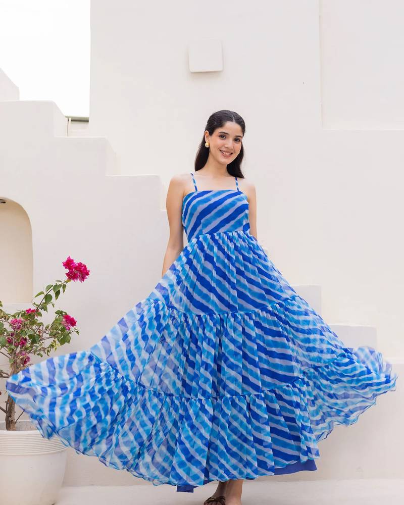 Blue color georgette fabric beautiful girlie gown for stylish college looks