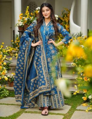Firozi color beautiful printed muslin readymade palazzo dress 1