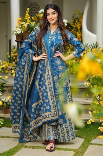 Firozi color beautiful printed muslin fabric readymade palazzo dress