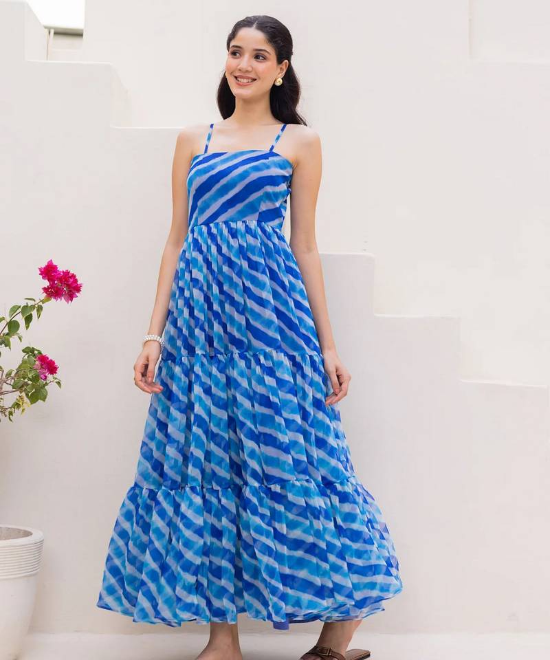 Blue color georgette fabric beautiful girlie gown for stylish college looks