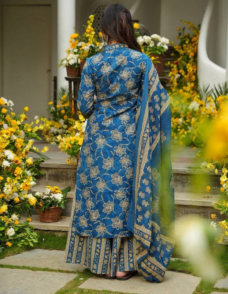 Firozi color beautiful printed muslin fabric readymade palazzo dress