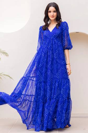 Blue color georgette fabric beautiful girlie gown for stylish college looks