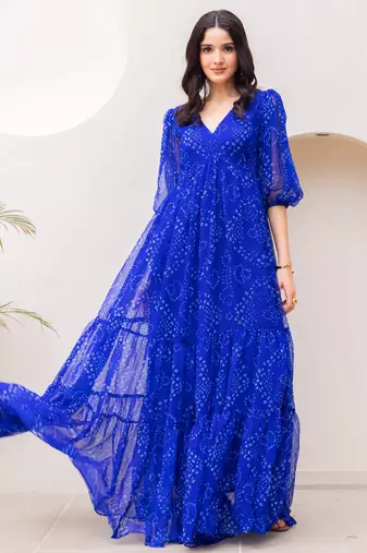 Blue color georgette fabric beautiful girlie gown for stylish college looks