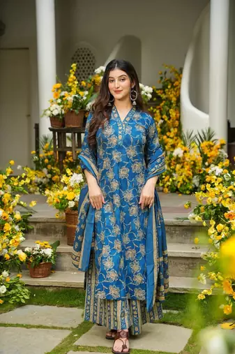 Firozi color beautiful printed muslin readymade palazzo dress